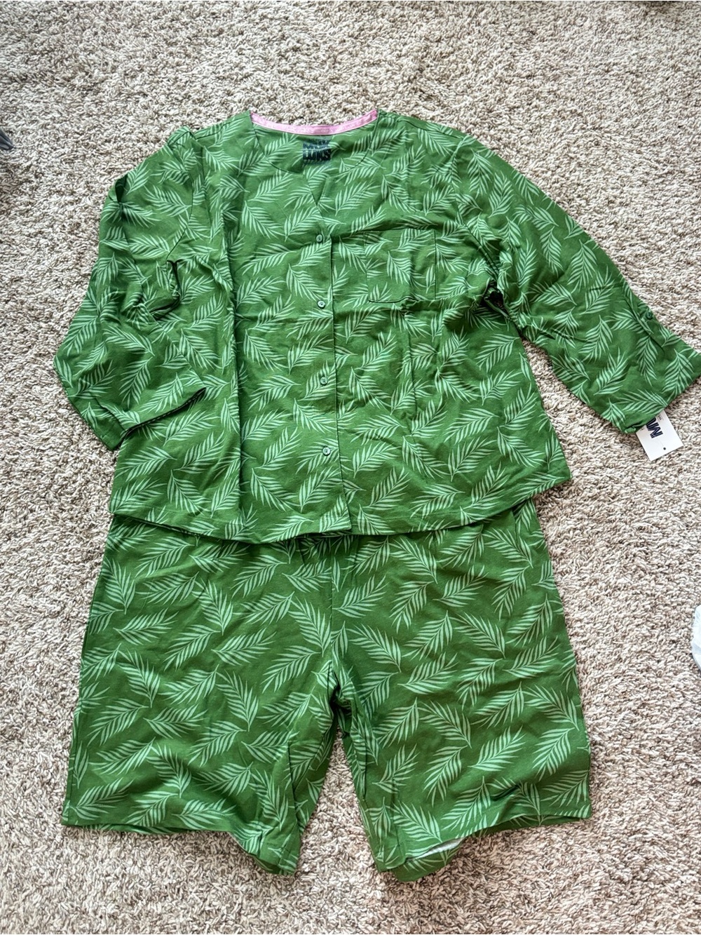Muk Luks Women’s Pajama Set XL Green Tropical Leaf Button Front Lounge Set